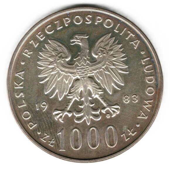 1983 Poland 1000 zlotych Pope John Paul II SILVER coin - Picture 2 of 2